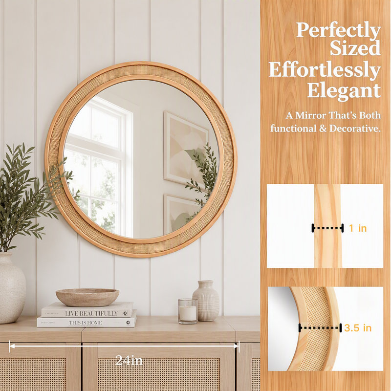 Miroir mural rond en rotin avec cadre en bois naturel, Bois naturel