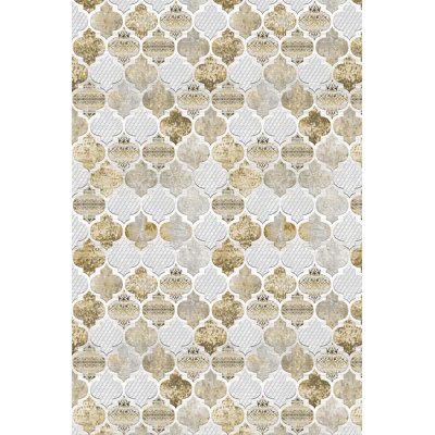 Tapis beige / doré à motif géométrique en coton tissé à plat Janeen