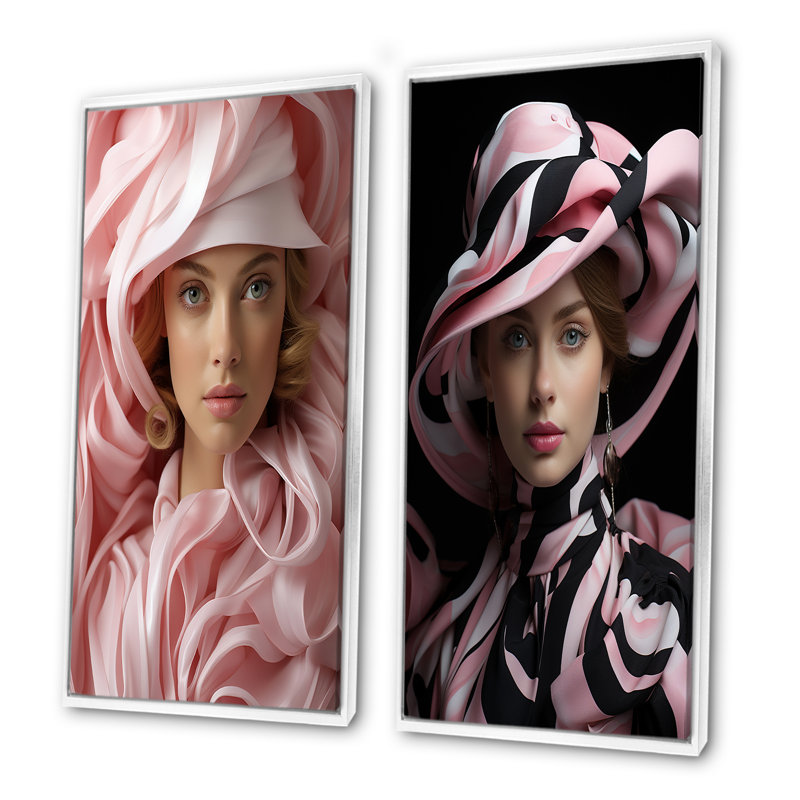Femme chic avec chapeau - ensemble de salon mode et art mural, Cadre blanc, H 32 po x l 33 po