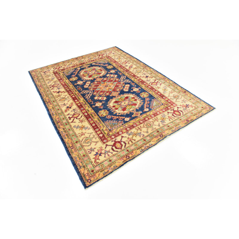 Tapis en laine beige/bleu 4 pi 10 po x 6 pi 4 po one-of-kind à la main noué la Alayna