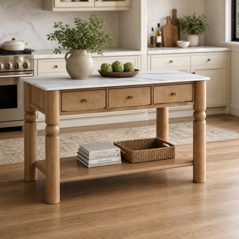 Îlot de cuisine traditionnel Brevin de 148 cm (58,11 pouces) en bois avec plateau imitation marbre, pieds en boule tournés, tiroirs et tablette inférieure