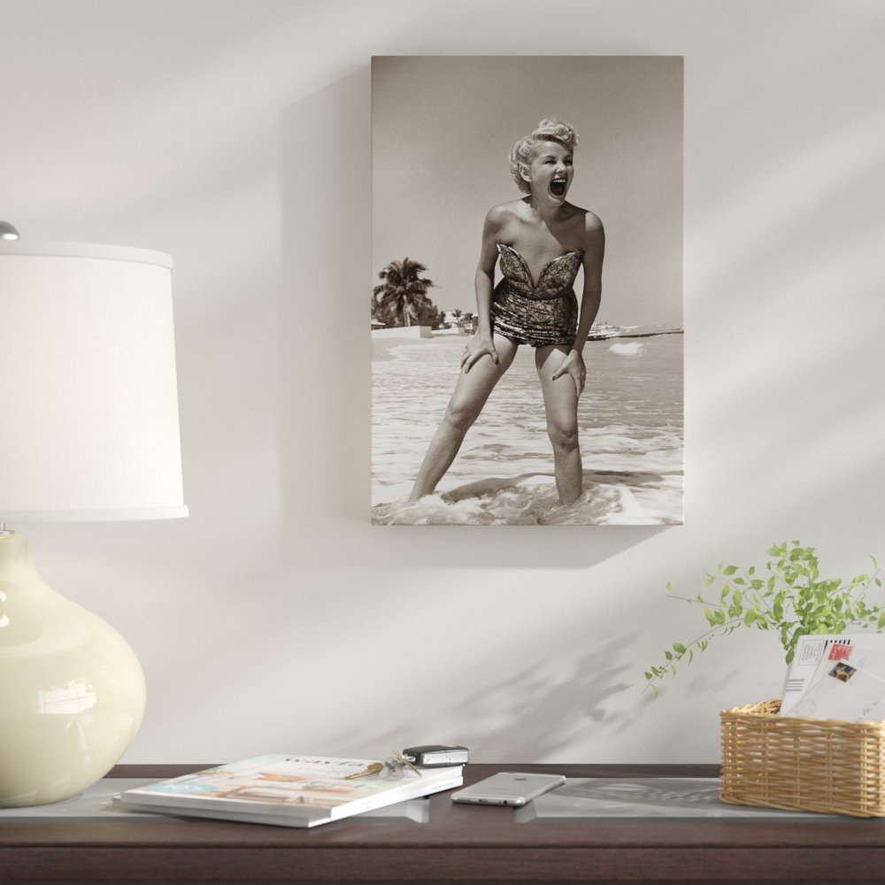 " 1950s Laughing Blonde Woman In Strapless Low Cut Bathing Suit Swim Wear Wading Up To Ankles In Surf " by Vintage Images East Urban Home Mat 