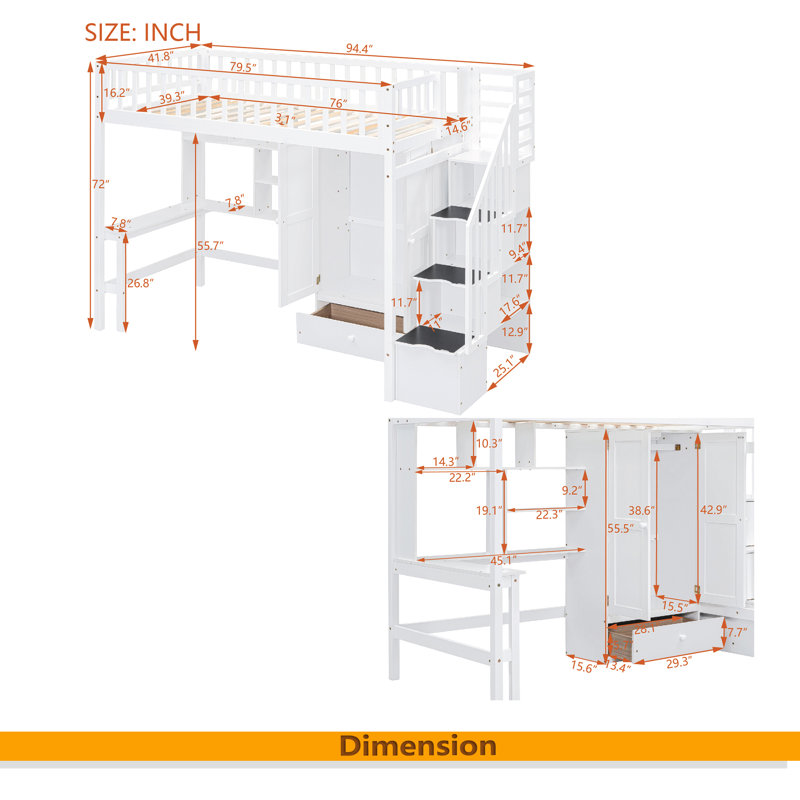 Lit mezzanine simple avec bibliothèque, tiroirs, bureau et garde-robe, Blanc