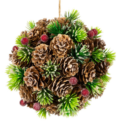 Frosted Pinecones Berries And Pine Sprigs Christmas Ball Ornament - 5"