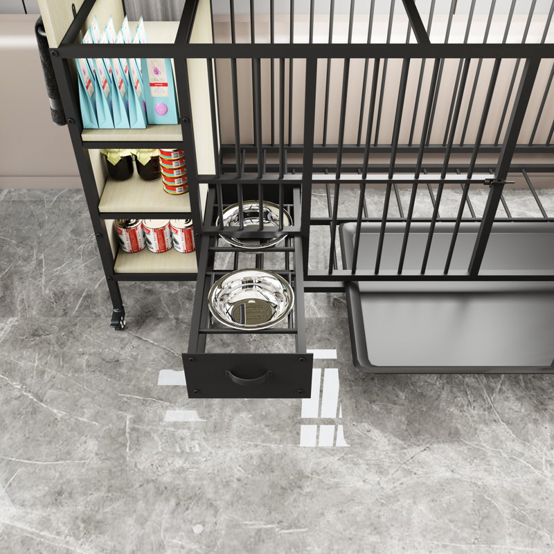 Cage en fer pour animaux avec compartiment de rangement - matériau, grand mouvement beige noir et option de rangement,