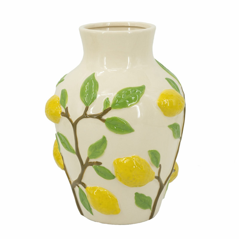 Ceramic Vase, Table Vase With Vibrant Yellow Lemon Accents