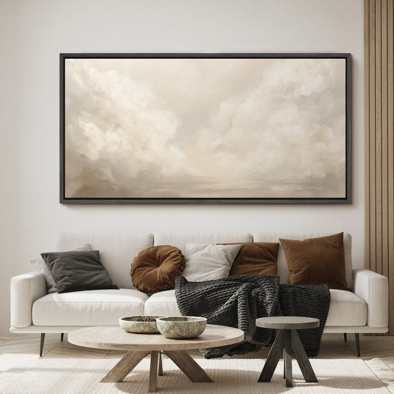 «Serene Cloudscape in Cream Tones», art sur toile encadré - Scène de ciel neutre et tranquille pour chambre ou spa, Noir