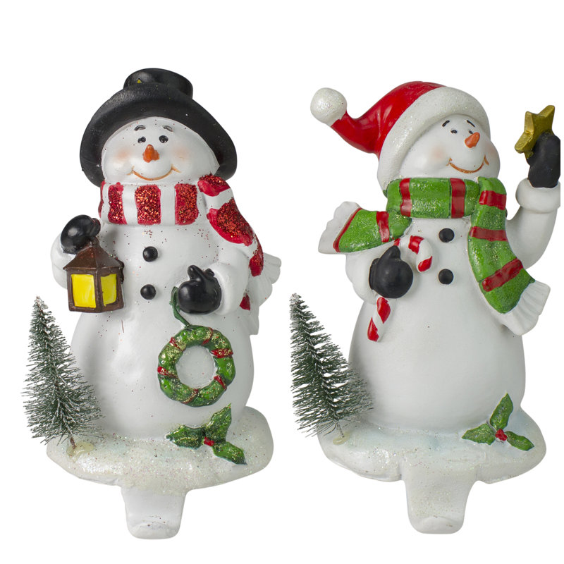 Festive Glittered Snowman Stocking Holders Set of 2