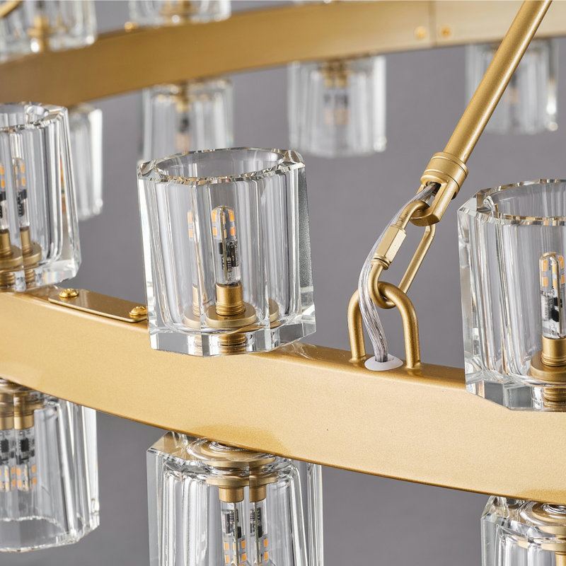 Modern 60-Light Wagon Wheel Chandelier with Crystal Shade, Laiton