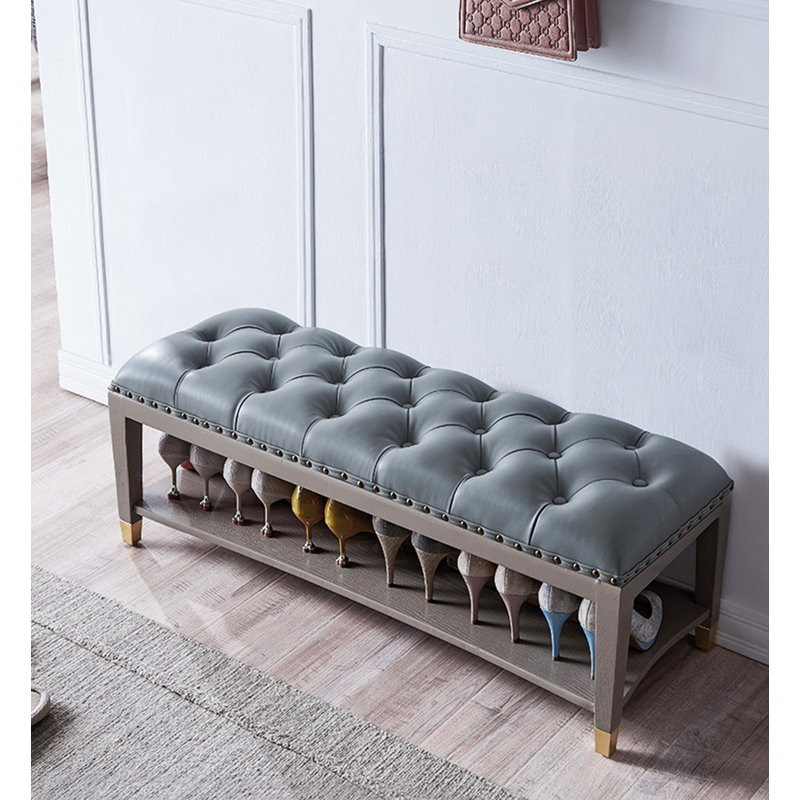 Solid Wood Shoe Storage Bench with Leather Upholstery, 12.99" H x 39.37" W x 13.78" D, Gary
