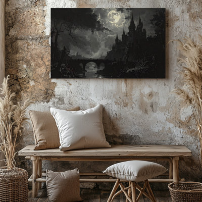Wall Art Canvas Gothic Castle At Night Canvasdark Landscape With Full Moon And Misty Bridge Wall