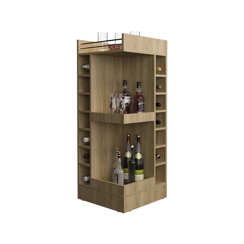 Armoire de bar 46 po à 3 coins de 46 po pour salon - 14 bouteilles et armoire de rangement contemporaine, Chêne