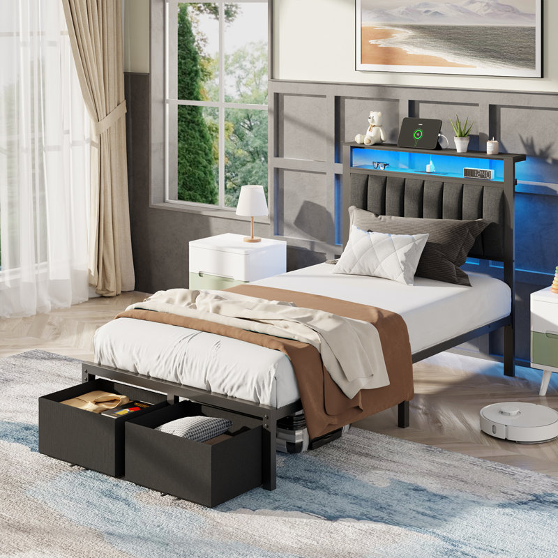 Upholstered Bed Frame with 2 Storage Drawers, Modern Twin Platform Bed with Charging Station & LED Light, No Spring Box Needed