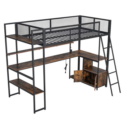 Lit mezzanine simple en métal avec poste de travail intégré, DEL et rangement multiple
