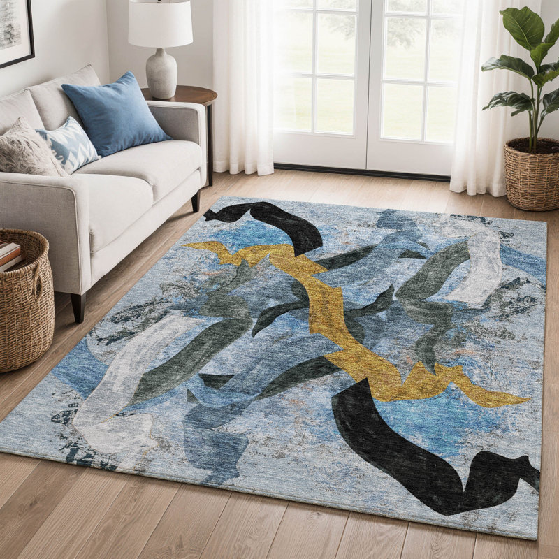 Premium Machine Washable Mayfield AMF2191 abstract Rug, Denim, 9' x 12'