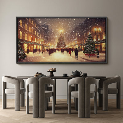 Christmas Holiday Celebration Christmas Winter Crowds City Street Wall Decor, Warm Holiday Snow Pictures, Giclee Canvas Digital Print Extra Large Framed Wall Art