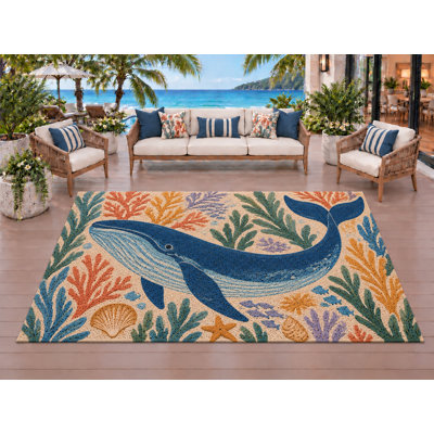 Tapis d'extérieur 5' x 7' motif baleine, épais, solide, imperméable, en PVC bouclé, tapis de patio robuste, tapis intérieur/extérieur à séchage rapide pour porche, terrasse, balcon, entrée, camping-car.