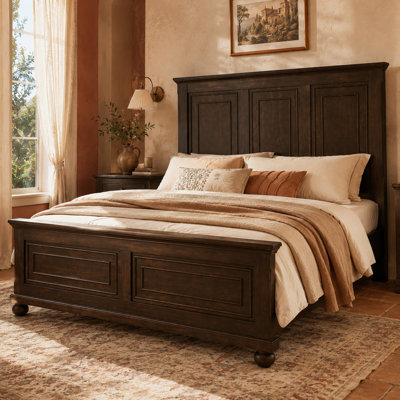 Norvessa Traditional Panel Bed with USB Port, Pine Wood Platform Bed with Tall Headboard and Footboard, Under Bed Storage, No Box Spring Needed, Rich Brown
