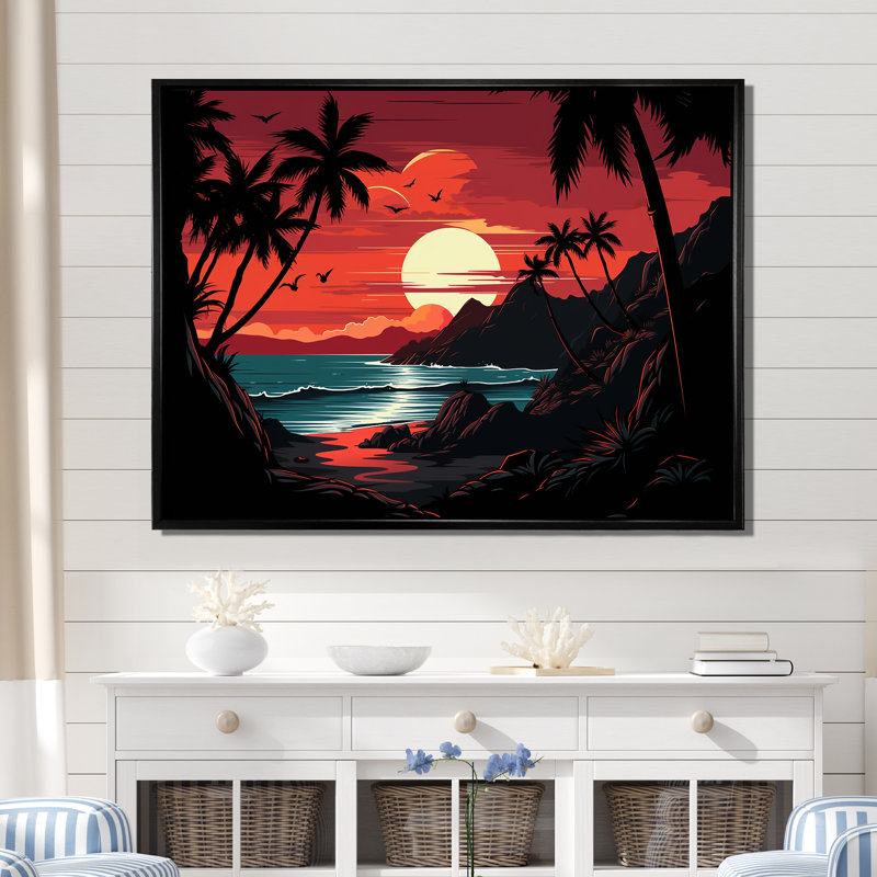 Coucher de soleil rouge audacieux paysage - coucher de soleil côtier, art mural, Cadre flottant noir