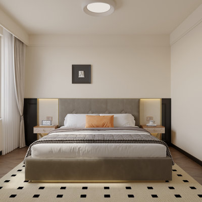 Lit plateforme tapissier en velours avec tête de lit à structure en métal, lampes murales doubles et tables de chevet, aucun sommier nécessaire