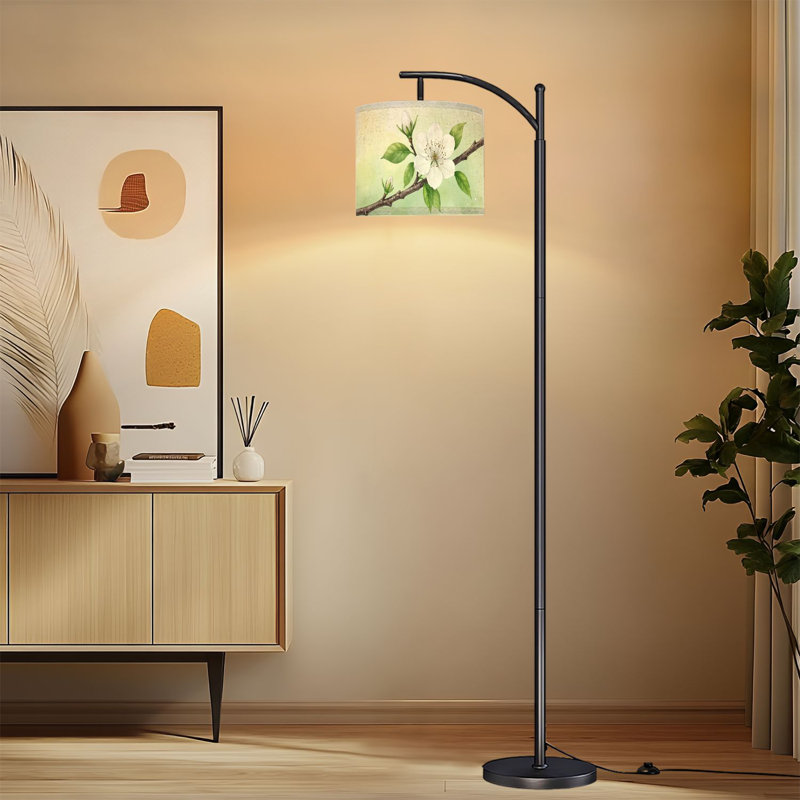 Lampe sur pied à arc avec abat-jour réglable branche de cerisier en fleurs fleurs blanches lampe sur pied à feuilles vertes 3 températures de couleur à haut gradateur avec interrupteur au pied pour la chambre à coucher