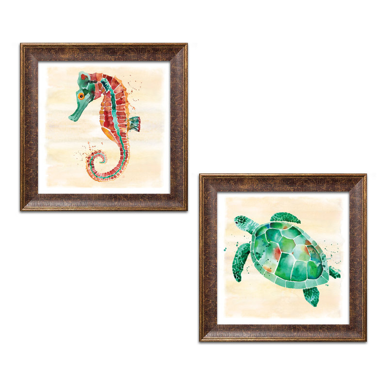 «Seahorse and Turtle», ensemble de 2 reproductions d'impressions, Papier encadré patiné, H 14 po x l 14 po x P 0,75 po