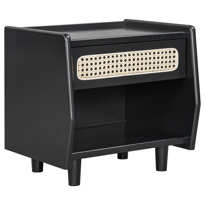 Antionette Mid-Century Modern PE Rattan Nightstand with Open Shelf and Drawer, Black