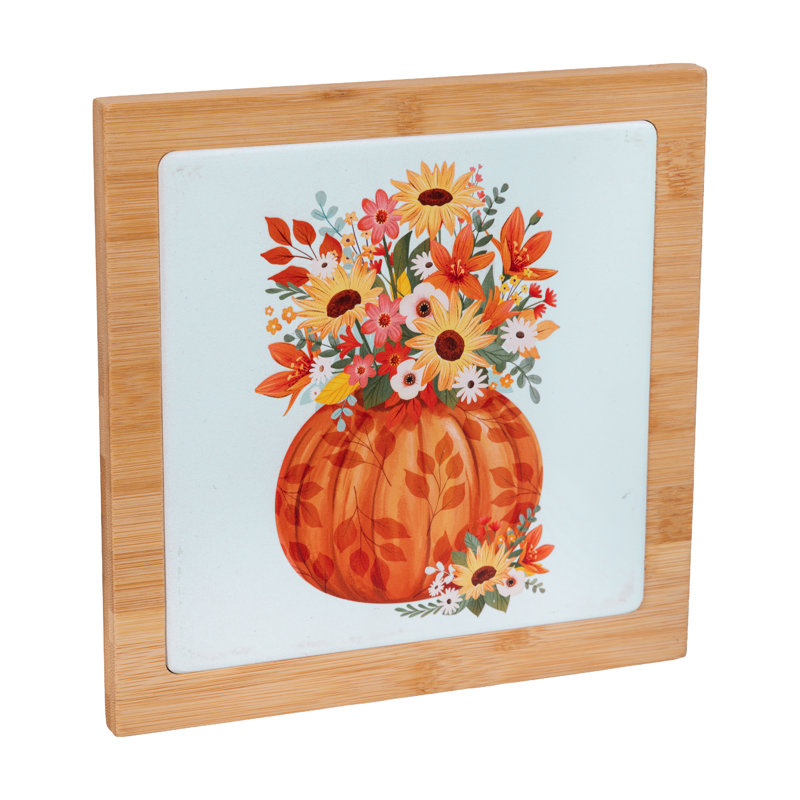 Sous-plat carré en céramique et en bois, motif citrouille, 19,8 cm (7,8 po)