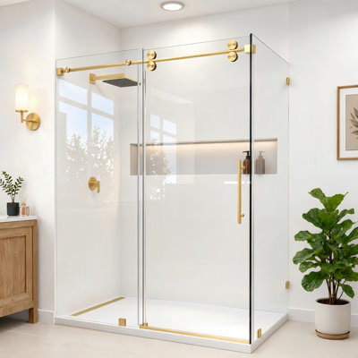 Cabine de douche d'angle coulissante RadianceRP sans cadre, 114-122 cm L x 91 cm P x 193 cm H, avec verre clair de 10 mm.