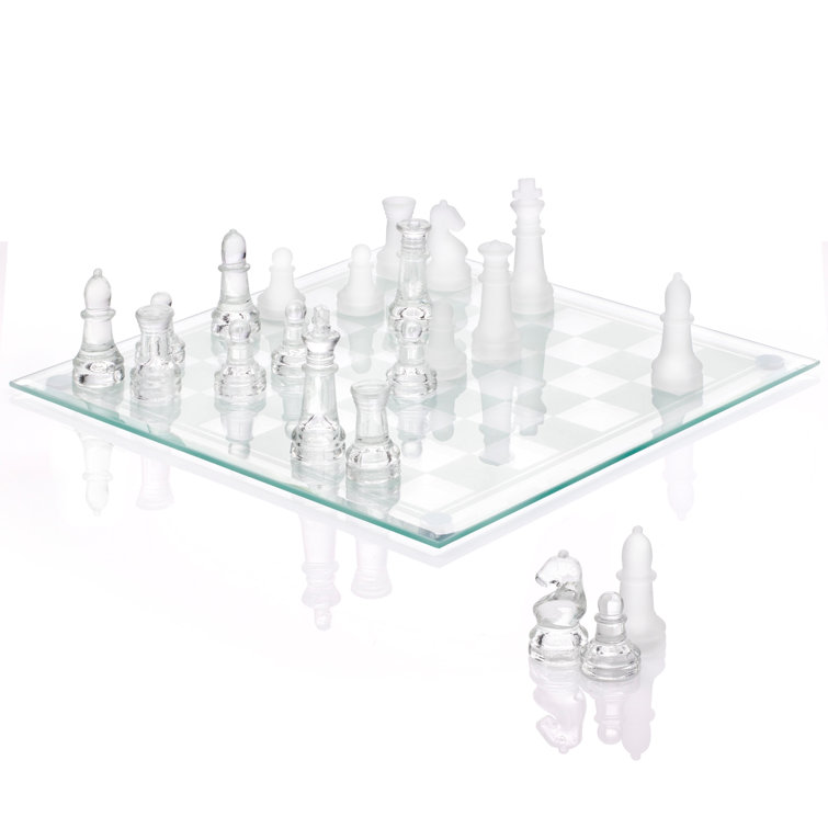 15 Black and Frosted Glass Chess Set with Mirror Board