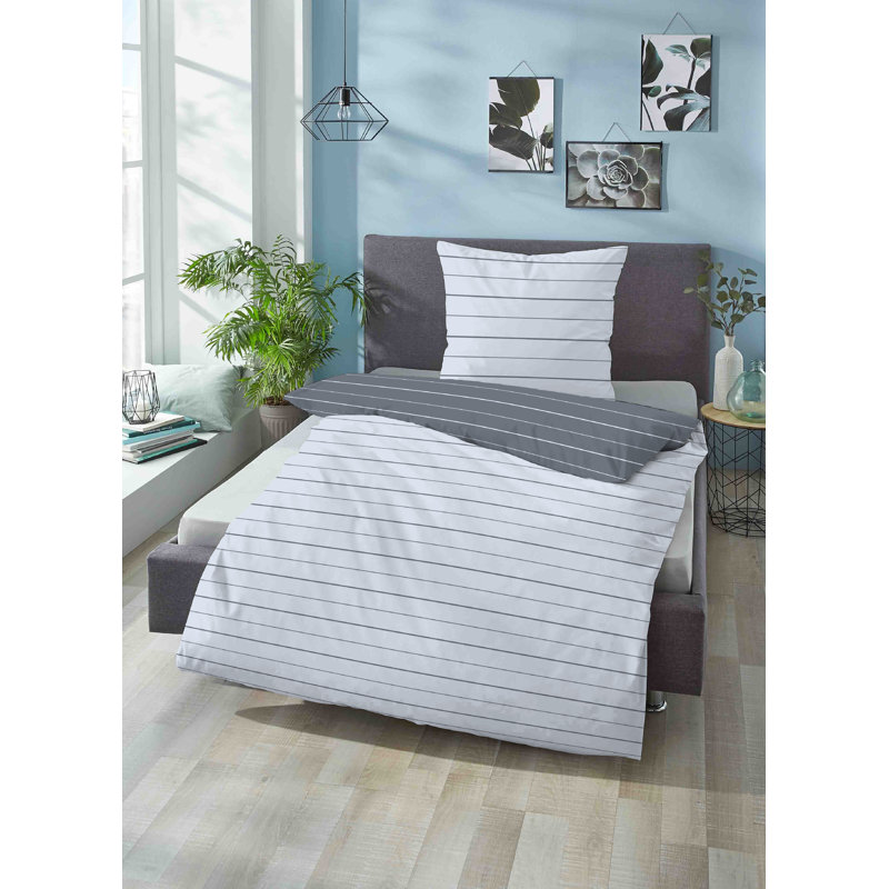 Cotton Striped Duvet Cover Set with Pillowcases, 155 x 200cm - 1 pillow 80 x 80cm, Blue