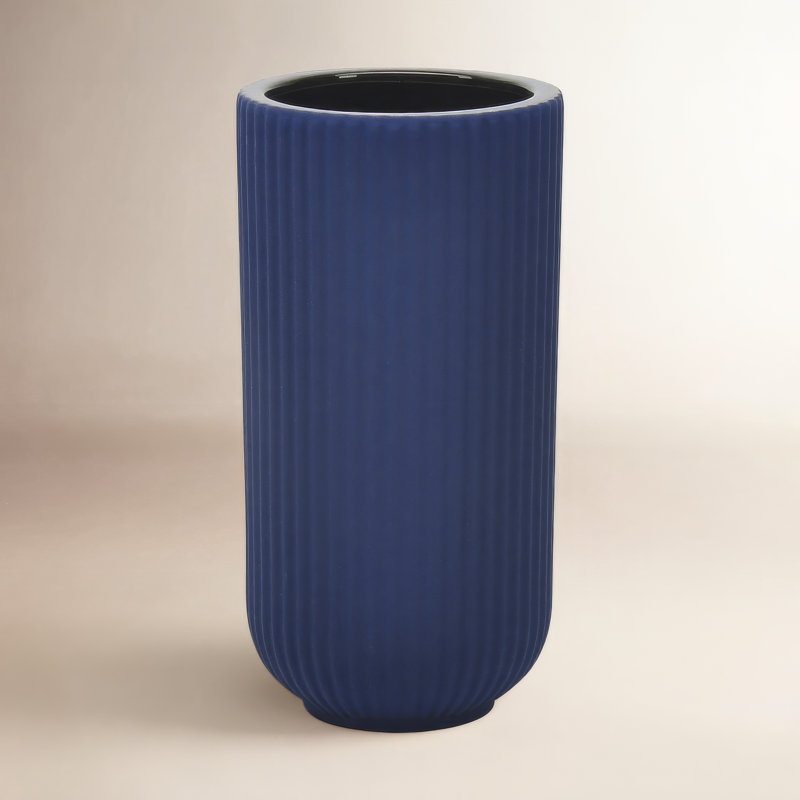 Zed Ribbed Ceramic Handcrafted Watertight Table Vase, 7" H x 5" W x 5" D, Navy Blue