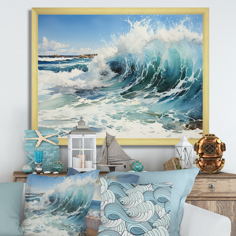 «Beach Surfs Up Pointillism I» - impressions sur toile de plage côtière, Encadrement doré, H 24 po x l 32 po x P 1 po