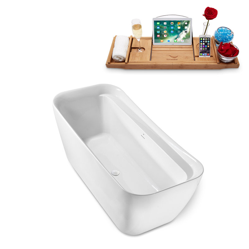 67" Streamline Freestanding Soaking Acrylic Bathtub With Drain and Bamboo Tray, Glossy White