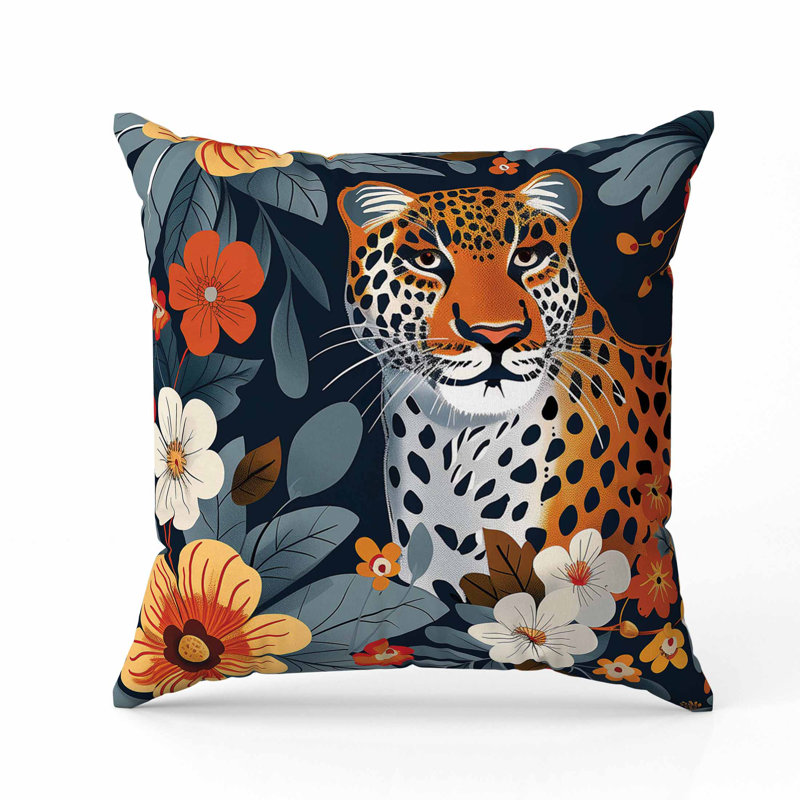 Coussin en faux suède Jungle Cat, Bleu / orange / marine, Carré 16 po