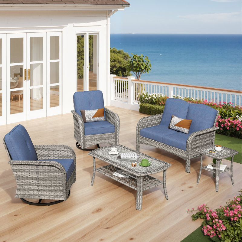 5 Pieces Patio Furniture Set, Outdoor Wicker Sofa With Swivel Chairs, Coffee Table, All Weather High Back Rattan Loveseat Couch With Comfy Cushions