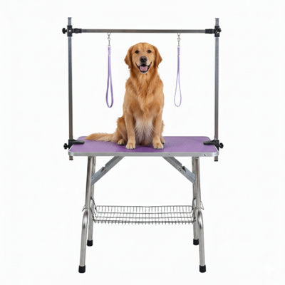 Folding grooming table for dogs and cats, sized at 46 inches, constructed with a stainless steel frame and a rubber mat top, includes an adjustable arm and clamps, colored Purple.