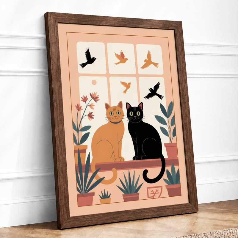 Cats and Birds Interior Eclectic - Framed Print, A4 - 29.7 x 21.0 cm, Walnut