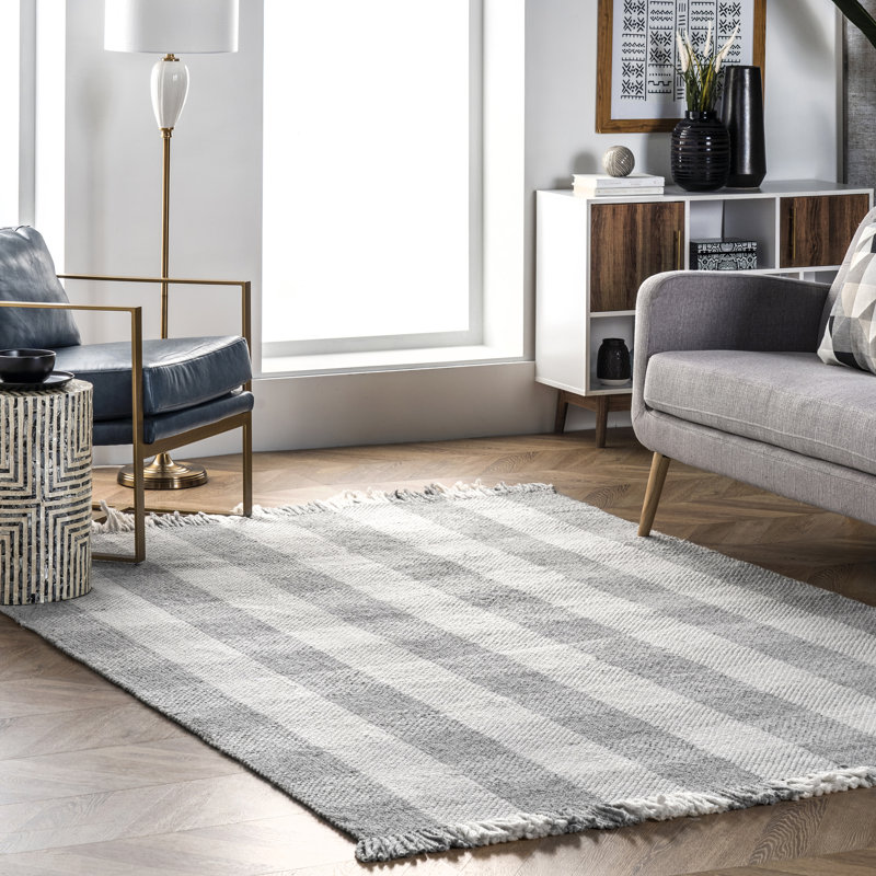 Tapis gris / blanc tissé à la main Roban, Rectangle 5 pi x 8 pi