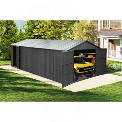 12X20ft Outdoor Metal Garage Shed, Extra Large Metal Carport With Lockable Double Hinged Doors, Heavy Duty Car Shelter For Car, Truck, Motorcycle And Lawn Equipment, Dark Grey