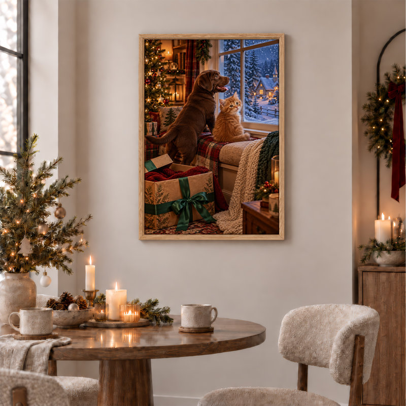 Toile brune de Noël avec un chat orange et un chat orange, 48"H x 36"W