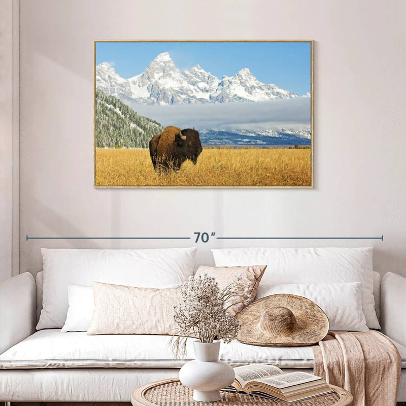 Grand Teton Bison Bull, Cadre flottant en bois naturel, 43 po x 29 po