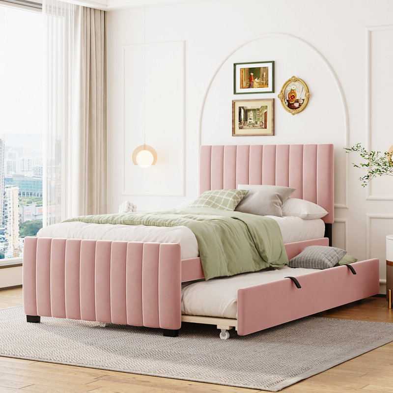 Lit plateforme tapissier en velours avec lit gigogne, Rose, Simple