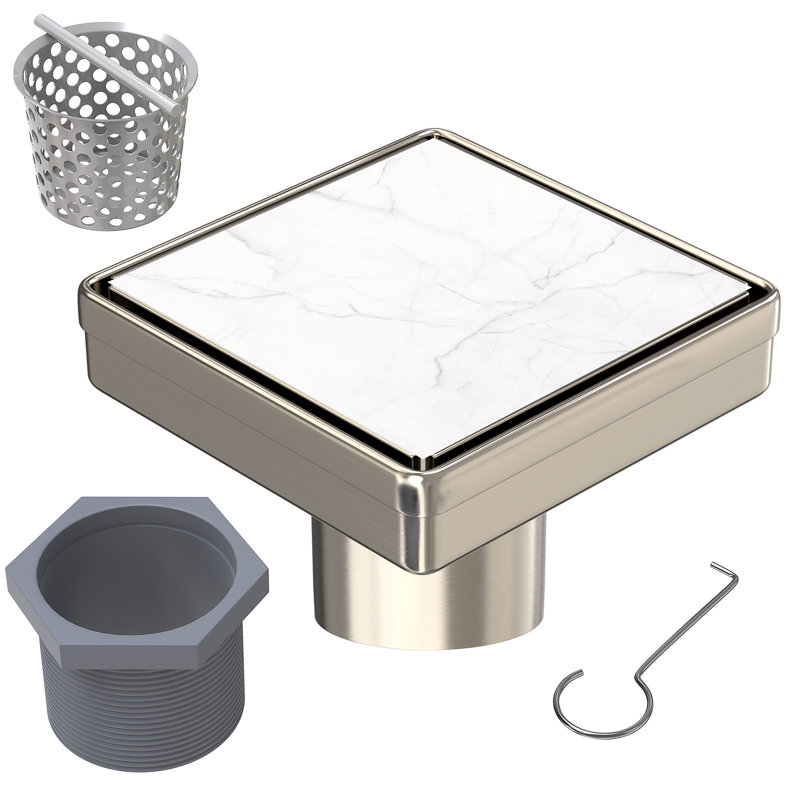 Drain de douche carré à insert de 4 po avec crépine et crochet de levage - Drain en acier inoxydable moderne pour douches de salle de bain