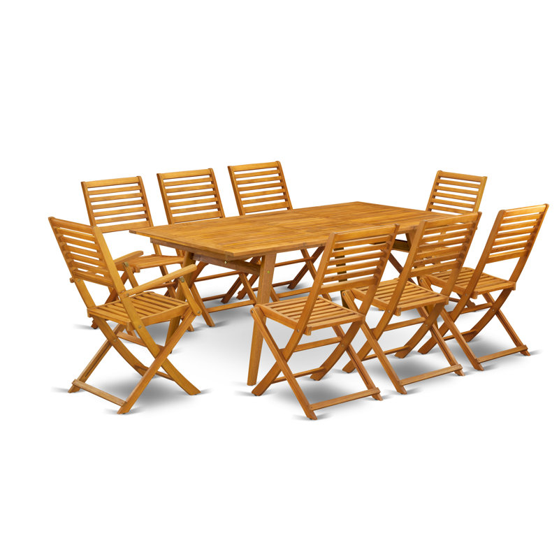 Les ensembles de salle à manger de patio 9 pièces pour l'extérieur comprennent une table rectangulaire en bois d'acacia et 2 chaises à accoudoirs pliables avec 6 chaises d'appoint, 40 x 72 pouces, huile naturelle