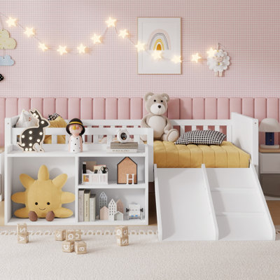 Lit mezzanine simple pour enfants avec glissière, rangement pour bibliothèque mobile, garde-corps, cadre de lit mezzanine bas pour enfants, blanc