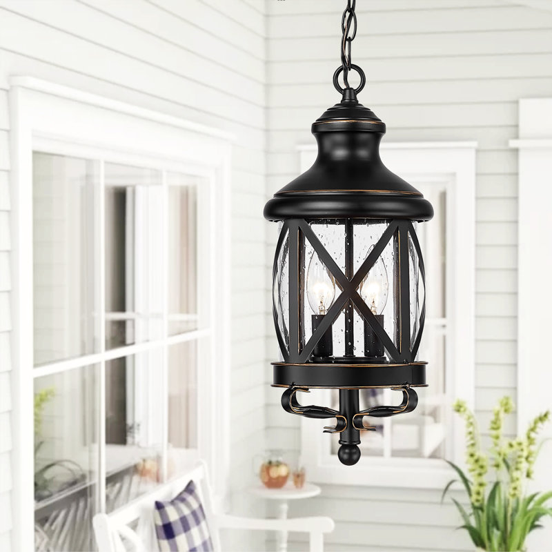 Farmhouse Outdoor Pendant Light, 19.75" Black Anti-Rust Hanging Lantern With Seeded Glass For Porch Ceiling