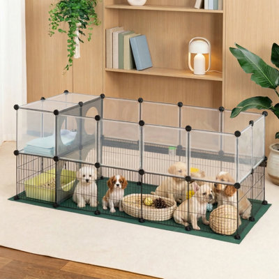 Animal Exercise Enclosure with Oxford Fabric Mat, 24-Inch Height, Protective Barrier for Home Use, Combines Iron Mesh with Plastic Elements, Transparent Panels, Modular Design with Activity Openings, Overall Dimensions 60.2 x 24.8 x 24.8 Inches