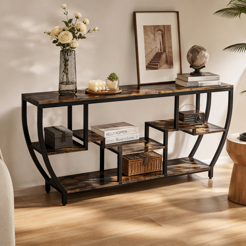 Console industrielle, table d'entrée de 70,9 pouces avec étagères, Brun et noir, Brun