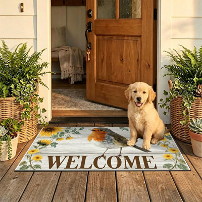  Non-Slip Indoor Outdoor Door Mat, 16"x24",Robin Sunflower Welcome